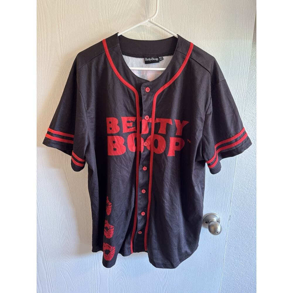 Betty Boop Baseball Jersey Womens Black Red Cartoon Graphic Button Up Size XXL
